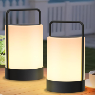 Solar Outdoor Lantern Table Lamp, Cordless Metal Frame, Set of 2