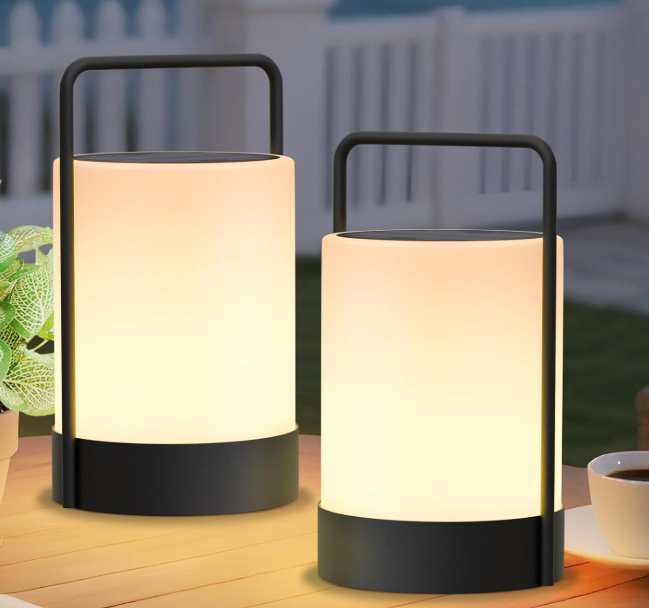 Solar Outdoor Lantern Table Lamp, Cordless Metal Frame, Set of 2