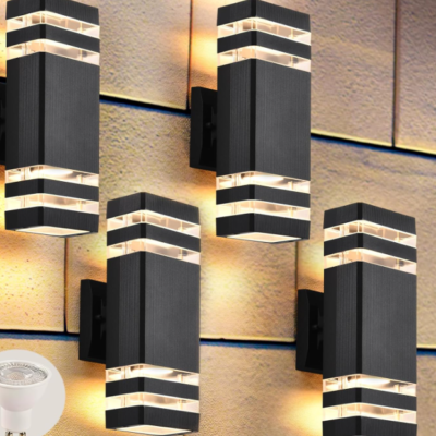 Modern Outdoor Wall Light, Double-Layer Black Design, Up and Down Lighting, 4 Pack