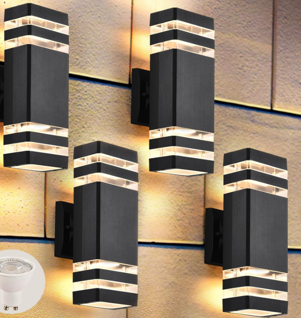 Modern Outdoor Wall Light, Double-Layer Black Design, Up and Down Lighting, 4 Pack