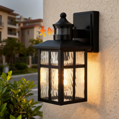 Outdoor Wall Light, Dusk to Dawn Sensor, Clear Glass Shade, Matte Black Waterproof Fixture