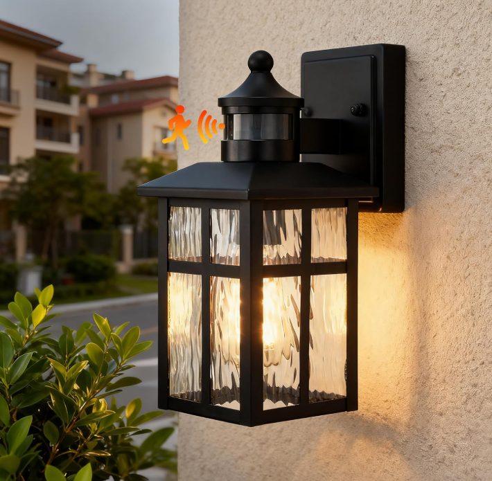 Outdoor Wall Light, Dusk to Dawn Sensor, Clear Glass Shade, Matte Black Waterproof Fixture