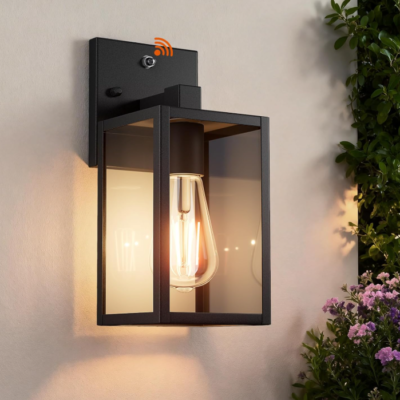 Outdoor Porch Wall Light, Dusk to Dawn Sensor, Waterproof Black Metal Fixture, for Garage and Entryway