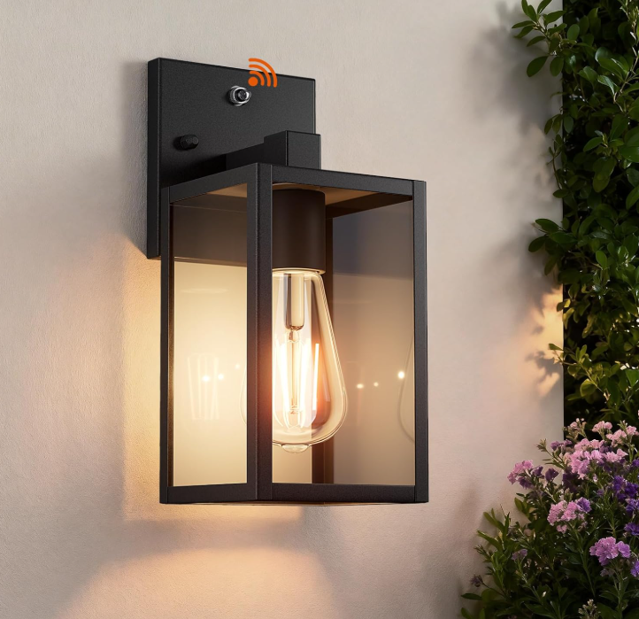 Outdoor Porch Wall Light, Dusk to Dawn Sensor, Waterproof Black Metal Fixture, for Garage and Entryway