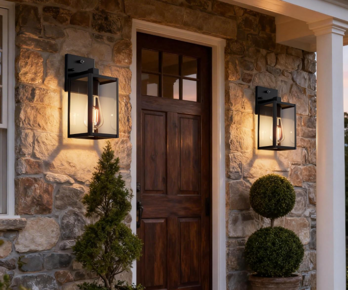 Outdoor Porch Wall Light, Dusk to Dawn Sensor, Waterproof Black Metal Fixture, for Garage and Entryway - Image 2