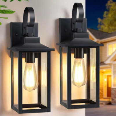 Large Outdoor Wall Light, Matte Black Fixture, 2 Pack