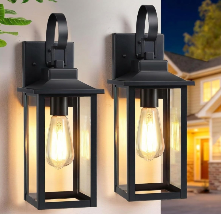 Large Outdoor Wall Light, Matte Black Fixture, 2 Pack