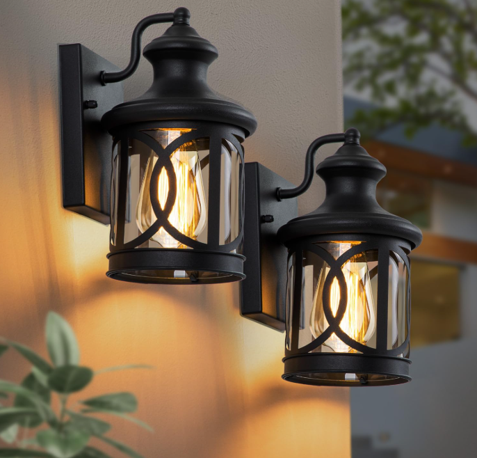 Outdoor Wall Light, Waterproof Exterior Light, Matte Black Fixture, Clear Glass Shade, 2 Pack