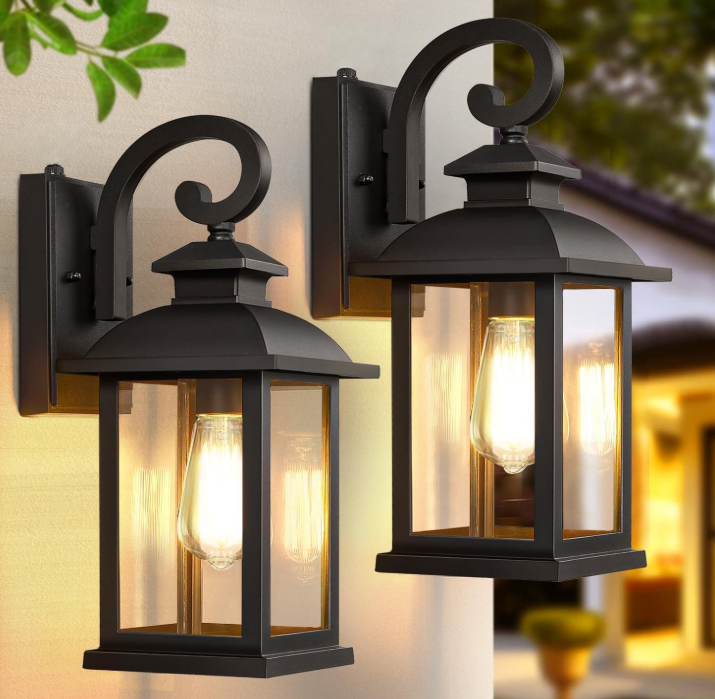 Dusk to Dawn Outdoor Porch Wall Light, Matte Black, 2 Pack
