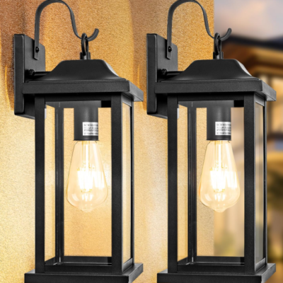 Large Outdoor Wall Light, Black Exterior Fixture, 2 Pack