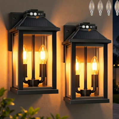 Solar Outdoor Wall Light, Waterproof, 3 Lighting Modes, Motion Sensor, for House, Patio and Fence, 2 Pack