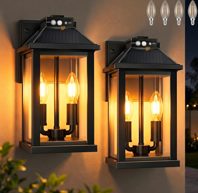 Solar Outdoor Wall Light, Waterproof, 3 Lighting Modes, Motion Sensor, for House, Patio and Fence, 2 Pack