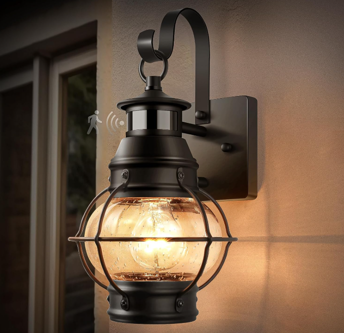 Outdoor Wall Light, Motion Sensor, Dusk to Dawn Lighting, Black Waterproof and Rustproof Fixture