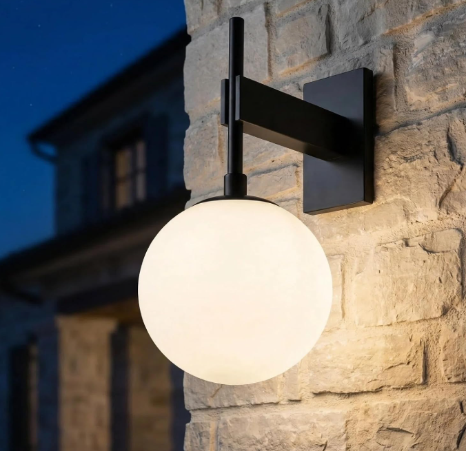 Modern Globe Outdoor Wall Sconce, Large Black Porch Light