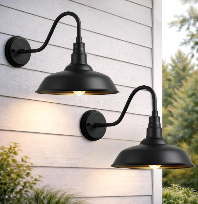 Black Gooseneck Outdoor Wall Light, Farmhouse Style, 2 Pack